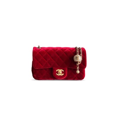 CHANEL MINI FLAP BAG VELVET, DIAMANT & GOLD-TONE METAL BRIGHT RED AS1787 (20*13*7cm)